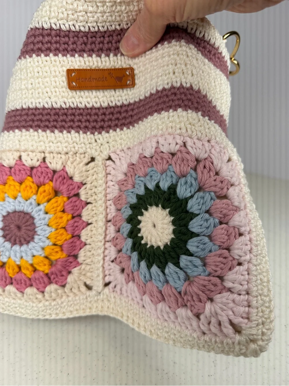 Crochet Granny Square Crossbody Bag Adjustable Strap, Zippered Lined Purse